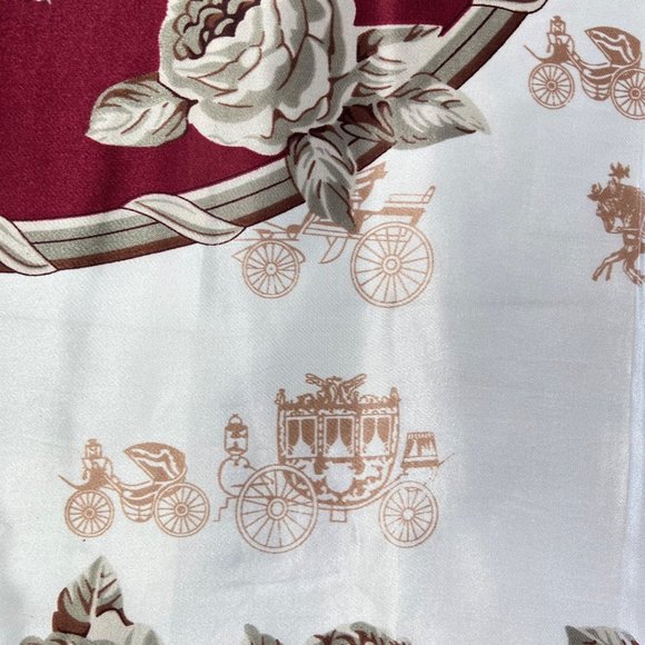 NEW Burgundy Red Ivory Roses and Carriages Printed Square Silky Scarf Wrap - Picture 5 of 7